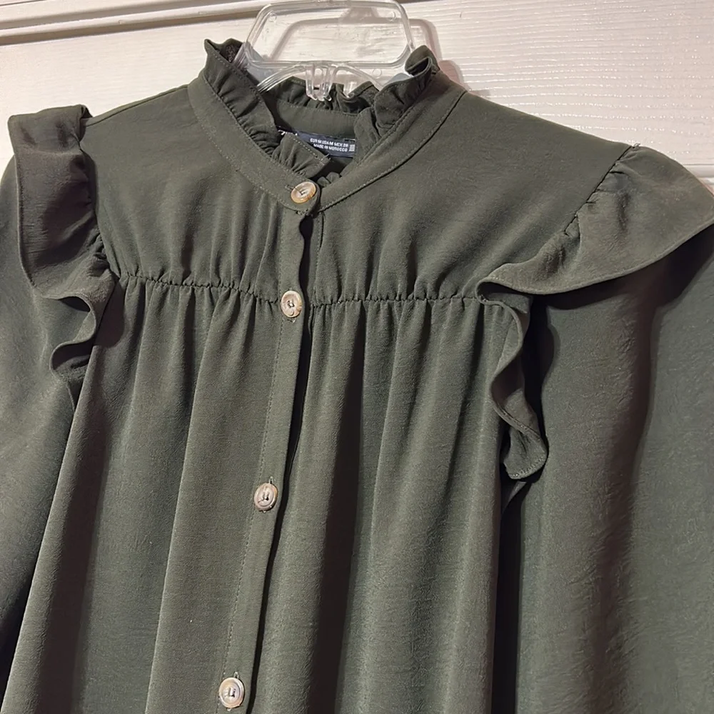 ZARA Women’s Olive Green Ruffle High  Neck Mini Dress Size M - Picture 5 of 7
